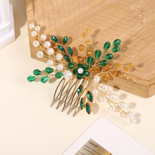 Decorative Hair Combs, Iron, with Crystal & Plastic Pearl, fashion jewelry & for woman, gold, nickel, lead & cadmium free, 140x90x5mm, Sold By PC