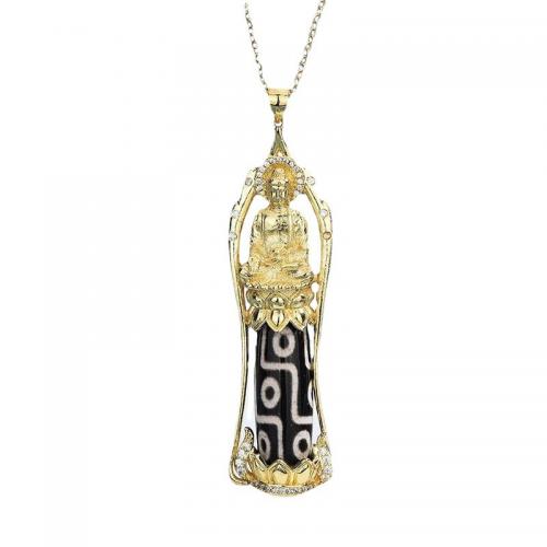 Rhinestone Brass Pendants with Tibetan Agate Guanyin gold color plated vintage & DIY & with rhinestone Sold By PC