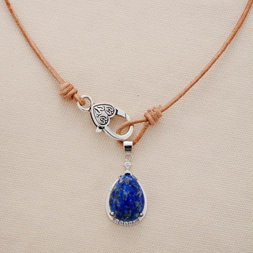 Lapis Lazuli Necklace, with cowhide cord & Tibetan Style, Teardrop, plated, vintage & Unisex, Length:Approx 16-18 Inch, Sold By PC