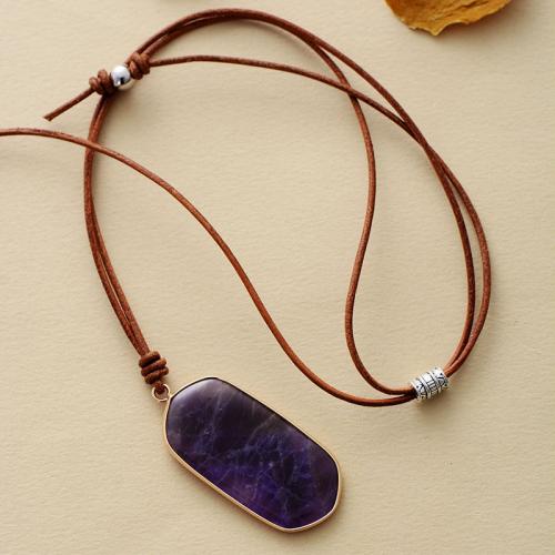 Gemstone Necklace with cowhide cord & Zinc Alloy Geometrical Pattern Bohemian style & Unisex Length Approx 23.6 Inch Sold By PC
