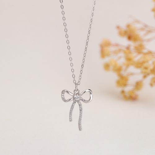 925 Sterling Silver Necklace, with 2inch extender chain, Bowknot, platinum plated, for woman & with rhinestone, Length:Approx 15.7 Inch, Sold By PC
