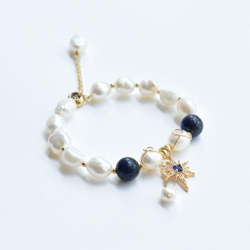 Brass Bracelet & Bangle, with Lapis Lazuli & Freshwater Pearl, real gold plated, Adjustable & fashion jewelry & micro pave rhinestone & for woman, mixed colors, nickel, lead & cadmium free, Length:Approx 12-20 cm, Sold By PC
