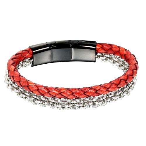 Titanium Steel Bracelet & Bangle, with PU Leather, Vacuum Ion Plating, Double Layer & fashion jewelry & for man, mixed colors, Length:Approx 21 cm, Sold By PC