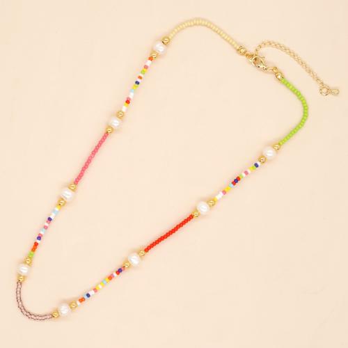 Glass Seed Beads Necklace Seedbead with Freshwater Pearl & Plastic Pearl & Zinc Alloy with 5cm extender chain gold color plated fashion jewelry & Unisex Length Approx 42 cm Sold By PC