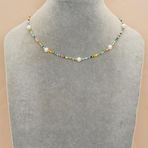 Glass Seed Beads Necklace, Seedbead, with Freshwater Pearl & Plastic Pearl & Tibetan Style, with 5cm extender chain, gold color plated, fashion jewelry & different materials for choice & for woman, more colors for choice, Length:Approx 42 cm, Sold By PC
