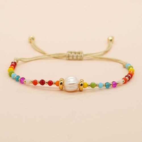 Crystal Bracelets, with Knot Cord & pearl & Brass, gold color plated, Adjustable & fashion jewelry & Unisex, mixed colors, Length:Approx 28 cm, Sold By PC