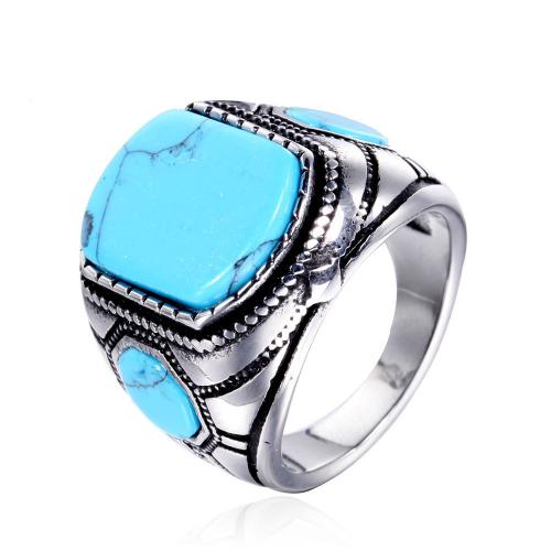 Titantium Steel δάχτυλο του δακτυλίου, Titanium Steel, με Συνθετικό μπλε τυρκουάζ, Vintage & κοσμήματα μόδας & διαφορετικό μέγεθος για την επιλογή & για τον άνθρωπο, μπλε, 21mm, Sold Με PC