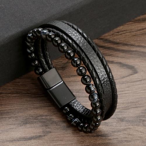 PU Leather Cord Bracelets, with Agate, handmade, fashion jewelry & multilayer & for man, black, Length:Approx 21 cm, Sold By PC