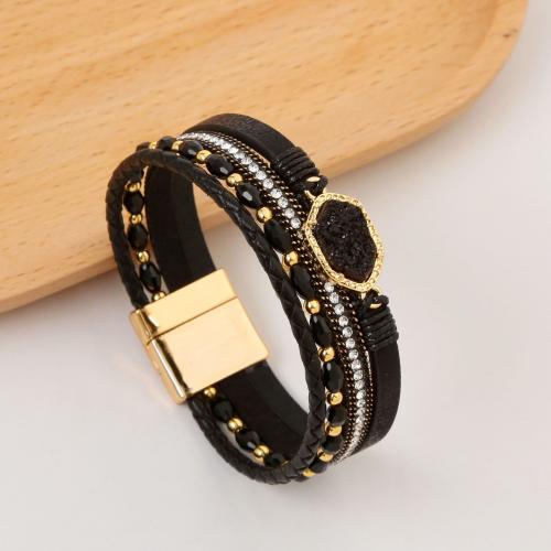 PU Leather Cord Bracelets with Titanium Steel handmade fashion jewelry & multilayer & for man & with rhinestone Length Approx 19.5 cm Sold By PC
