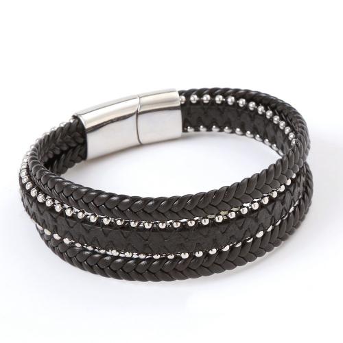 PU Leather Cord Bracelets, with 304 Stainless Steel, handmade, fashion jewelry & multilayer & for man, black, nickel, lead & cadmium free, Length:Approx 21.5 cm, Sold By PC