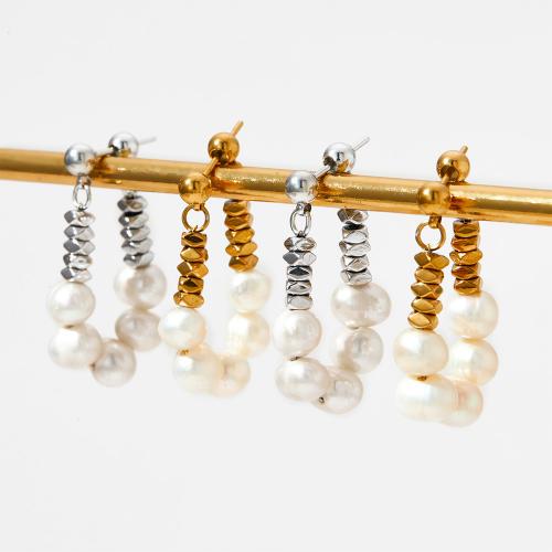 Stainless Steel Lever Back Earring, 304 Stainless Steel, with Freshwater Pearl, Vacuum Ion Plating, fashion jewelry & for woman, more colors for choice, 30mm, Sold By Pair