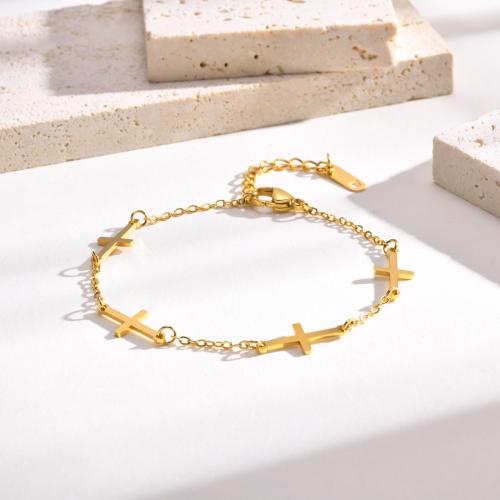 Pulseira de aço titânio, Partículas de aço, with 3cm extender chain, Cruz, joias de moda & para mulher, dourado, vendido para Aprox 17 cm Strand