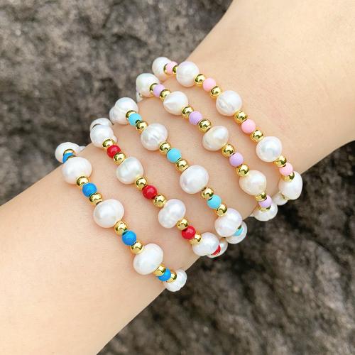 Brass Bracelet & Bangle with Seedbead & Plastic Pearl plated fashion jewelry nickel lead & cadmium free Length 17 cm Sold By PC