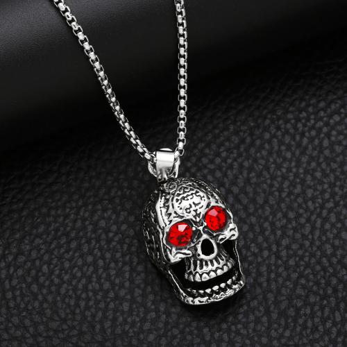 Tibetan Style Jewelry Necklace, with 304 Stainless Steel Chain, Skull, plated, fashion jewelry & micro pave cubic zirconia, silver color, nickel, lead & cadmium free, 41x22mm, Length:70 cm, Sold By PC