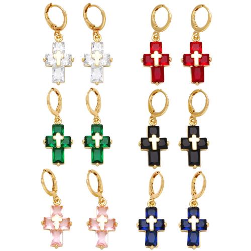 Cubic Zirconia Micro Pave Brass Earring, Cross, plated, fashion jewelry & micro pave cubic zirconia, more colors for choice, nickel, lead & cadmium free, 35x13mm, Sold By Pair