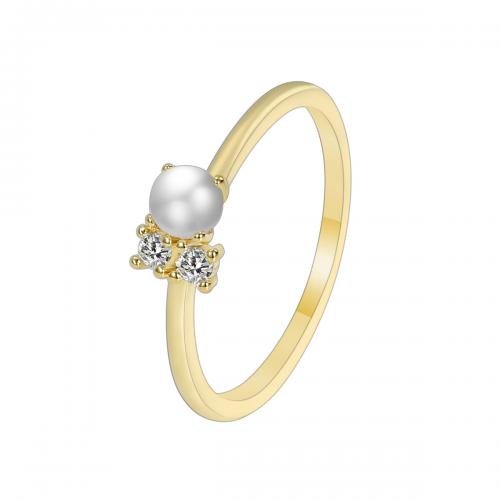 Cubic Zirconia Micro Pave Brass Ring with Shell Pearl plated & micro pave cubic zirconia & for woman golden Sold By PC