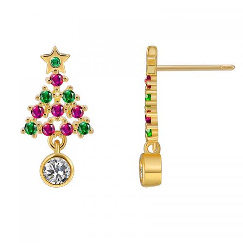 Cubic Zirconia Micro Pave Brass Earring, Christmas Tree, plated, micro pave cubic zirconia & for woman, golden, Sold By Pair