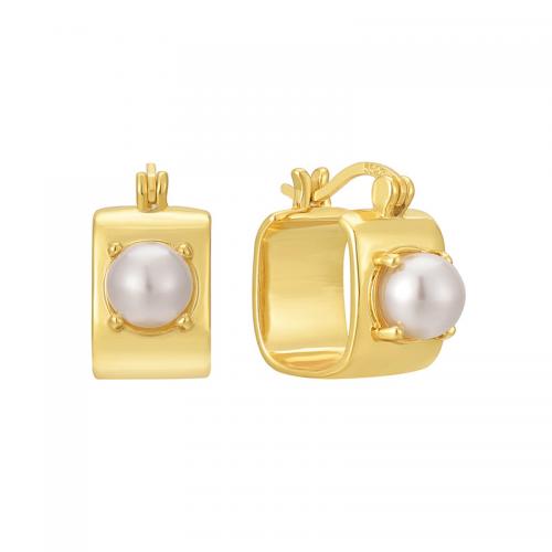 Messing Spring hoop oorbellen, met Shell Pearl, plated, voor vrouw, gouden, Verkocht door pair