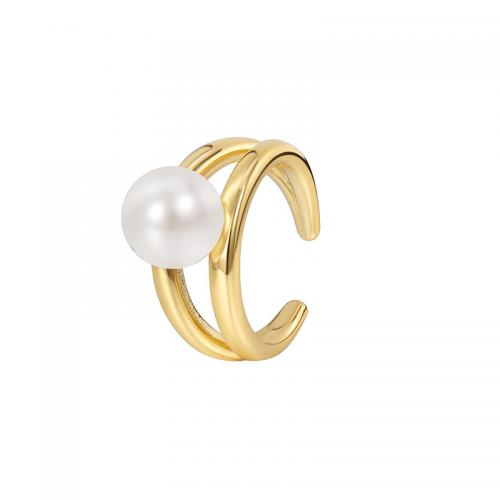 Mässing Finger Ring, med Plast Pearl, plated, för kvinna, gyllene, Storlek:7, Säljs av PC