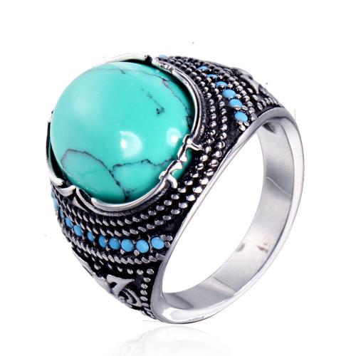 Titanium Steel Finger Ring, with Turquoise & Resin Rhinestone, Vacuum Ion Plating, fashion jewelry & different size for choice & for man, more colors for choice, 21mm, Sold By PC