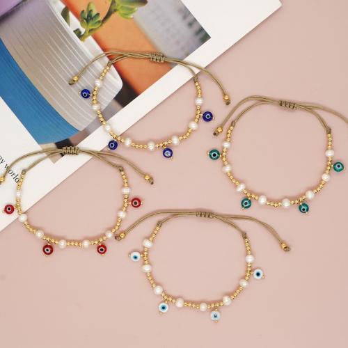 Bracelet Evil Eye bijoux, chalumeau, avec Cordon de noeud & perle de plastique & laiton, Placage de couleur d'or, Réglable & bijoux de mode & pour femme, plus de couleurs à choisir, Longueur:Environ 28 cm, Vendu par PC