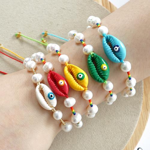 Evil Eye Jewelry Bracelet Freshwater Pearl with Knot Cord & Seedbead & Shell Adjustable & fashion jewelry & for woman & enamel Length Approx 28 cm Sold By PC