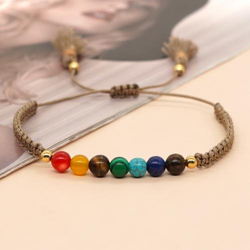 Gemstone Bracelet, with Knot Cord & Brass, Round, gold color plated, Adjustable & fashion jewelry & Unisex, mixed colors, nickel, lead & cadmium free, Length:Approx 28 cm, Sold By PC