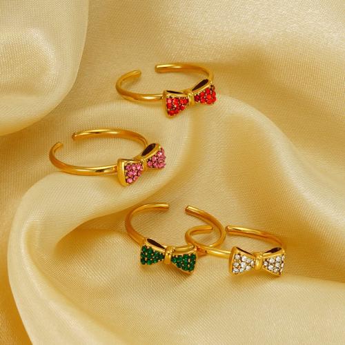 Cubic Zirconia Stainless Steel Finger Ring 304 Stainless Steel Bowknot 18K gold plated fashion jewelry & micro pave cubic zirconia & for woman size 20mm Sold By PC