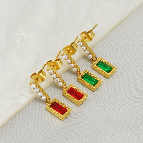Stainless Steel Drop Earring, 304 Stainless Steel, 18K gold plated, fashion jewelry & micro pave cubic zirconia & for woman, more colors for choice, 21x6mm, Sold By Pair