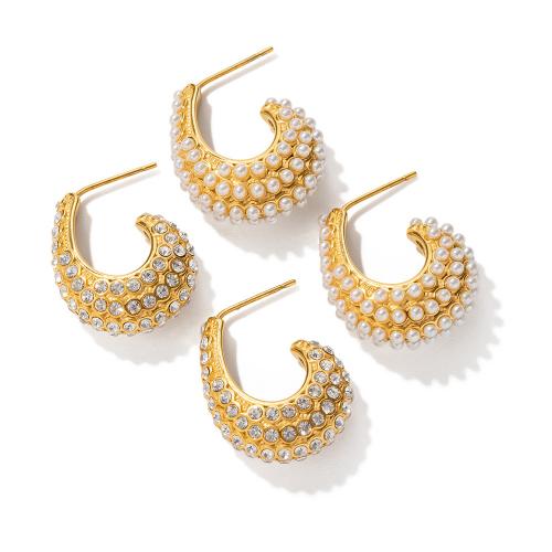 Stainless Steel Stud Earrings, 304 Stainless Steel, with Plastic Pearl, 18K gold plated, different materials for choice & for woman & with rhinestone, golden, Sold By Pair