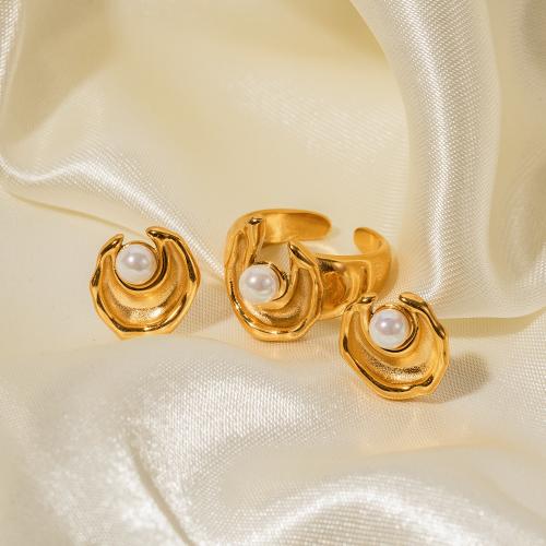 Stainless Steel smycken Ställer, 304 rostfritt stål, med Plast Pearl, 18K guldpläterad, mode smycken & olika stilar för val & för kvinna, gyllene, Säljs av PC