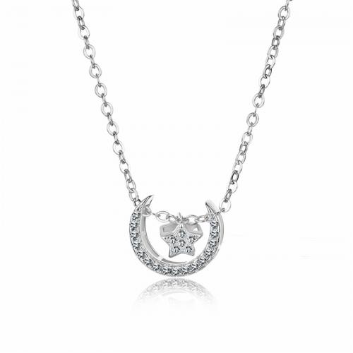 Cubic Zircon Micro Pave Brass Necklace, with 5cm extender chain, Moon and Star, silver color plated, fashion jewelry & micro pave cubic zirconia & for woman, silver color, nickel, lead & cadmium free, Sold Per Approx 40 cm Strand