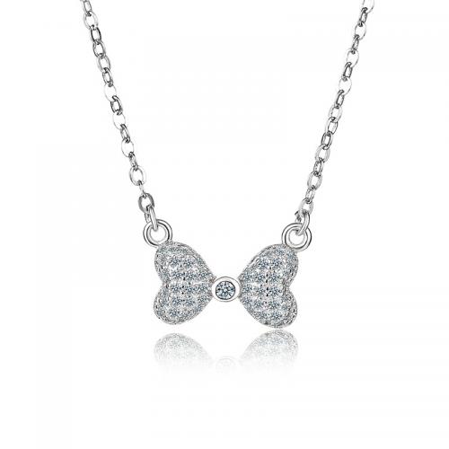 Cubic Zircon Micro Pave Brass Necklace, with 5cm extender chain, Bowknot, silver color plated, fashion jewelry & micro pave cubic zirconia & for woman, silver color, nickel, lead & cadmium free, 11x17mm, Sold Per Approx 40 cm Strand