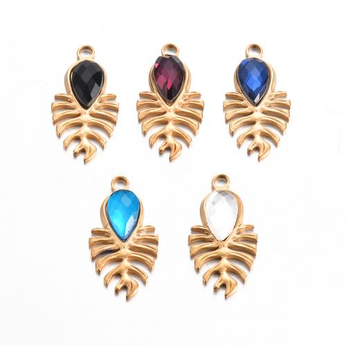 Stainless Steel Pendants, 304 Stainless Steel, Leaf, gold color plated, DIY & with rhinestone, more colors for choice, 15x30mm, 5PCs/Bag, Sold By Bag