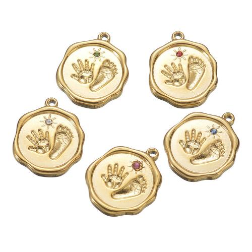 Stainless Steel Pendants 304 Stainless Steel Round gold color plated DIY & with rhinestone Sold By Bag