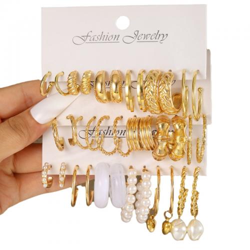 Zinc Alloy Drop Earrings with Resin & Plastic Pearl gold color plated 18 pieces & fashion jewelry & for woman nickel lead & cadmium free Sold By Set