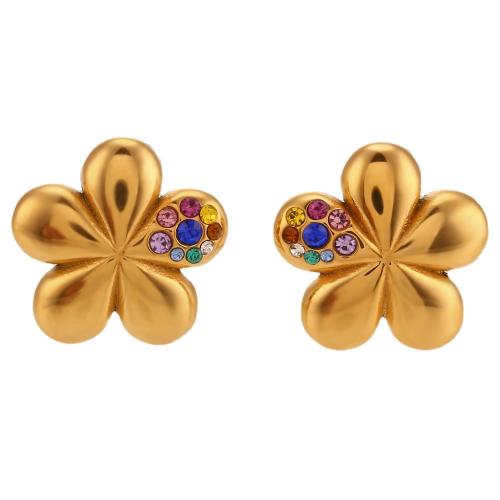 Stainless Steel Stud Earrings, 316L Stainless Steel, Flower, 18K gold plated, fashion jewelry & for woman & with rhinestone, nickel, lead & cadmium free, Sold By Pair
