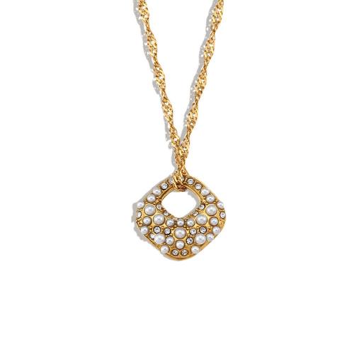 Stainless Steel Sweater Chain Necklace, 304 Stainless Steel, with Plastic Pearl, with 5cm extender chain, 18K gold plated, fashion jewelry & for woman & with rhinestone, nickel, lead & cadmium free, Pendant:16x16mm, Length:Approx 40 cm, Sold By PC