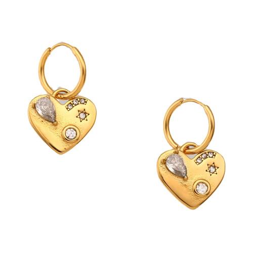 Huggie Hoop Drop Earring 304 Stainless Steel Heart 18K gold plated fashion jewelry & micro pave cubic zirconia & for woman nickel lead & cadmium free Sold By Pair