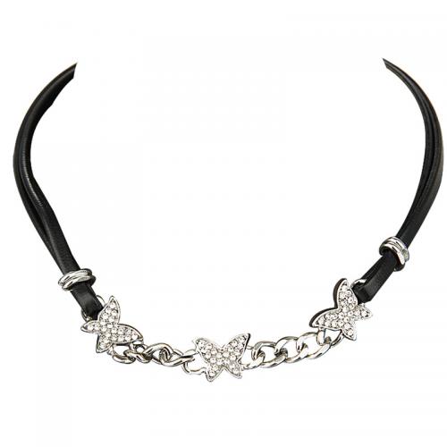 Fashion Choker halskæde, 304 rustfrit stål, med lædersnor & Zinc Alloy, med 6CM extender kæde, forgyldt, for kvinde & med rhinestone, sort, Længde Ca. 36 cm, Solgt af PC