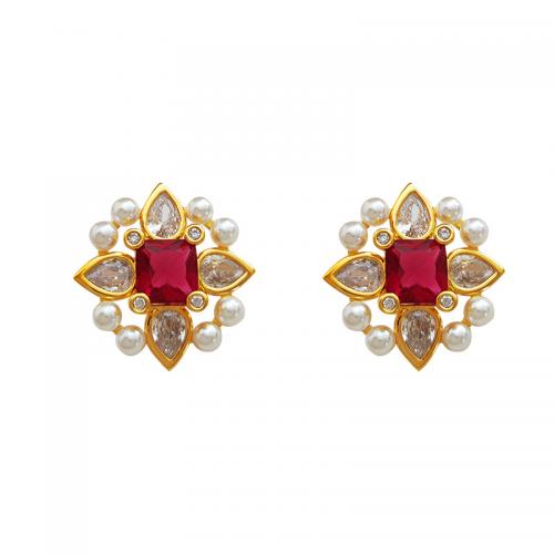 Brass Stud Earring with Glass Pearl real gold plated micro pave cubic zirconia & for woman golden Sold By Pair