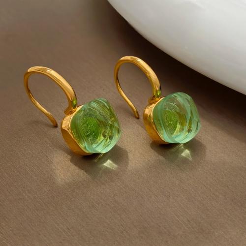 Brass Drop Earring, with Glass, real gold plated, for woman, golden, 20x9mm, Sold By Pair