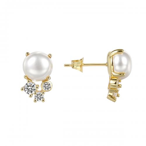 Cubic Zirconia Micro Pave Brass Earring with Shell Pearl plated micro pave cubic zirconia & for woman golden Sold By Pair