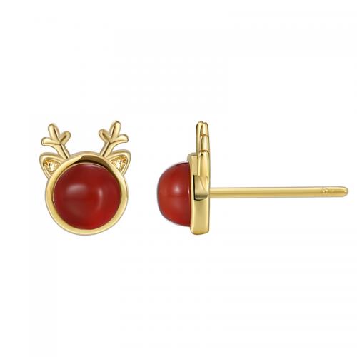 Messing oorbelknoppen, met Rode Agaat, plated, voor vrouw, gouden, Verkocht door pair