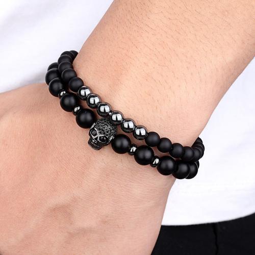 Gemstone Bracelets, Black Stone, with Brass, Double Layer & fashion jewelry & Unisex, more colors for choice, Length:Approx 19 cm, Sold By PC