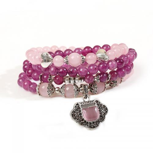 Purple Chalcedony Bracelet Set with Cats Eye & Rose Quartz & Zinc Alloy plated multilayer & Bohemian style & for woman Sold By Set