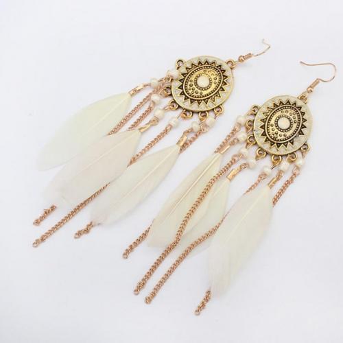 Tibetan Style Drop Earrings, Feather, with Seedbead & Tibetan Style, gold color plated, fashion jewelry & Bohemian style & for woman & enamel, more colors for choice, 21x130mm, Sold By Pair
