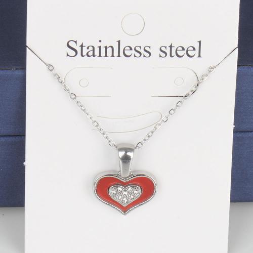 Titanium Steel Necklace, with Acrylic, with 5cm extender chain, Heart, fashion jewelry & Unisex & enamel & with rhinestone, more colors for choice, nickel, lead & cadmium free, 14.20x6.10x2.50mm, Length:Approx 45 cm, 5PCs/Bag, Sold By Bag