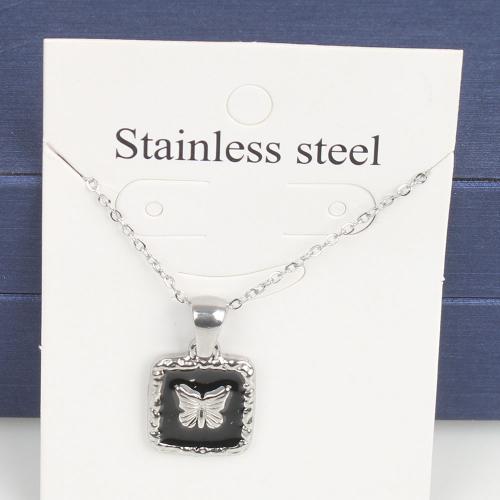 Titanium Steel Necklace, with 5cm extender chain,  Square, fashion jewelry & Unisex & enamel, black, nickel, lead & cadmium free, 15.60x12.20x1.90mm, Length:Approx 45 cm, 5PCs/Bag, Sold By Bag