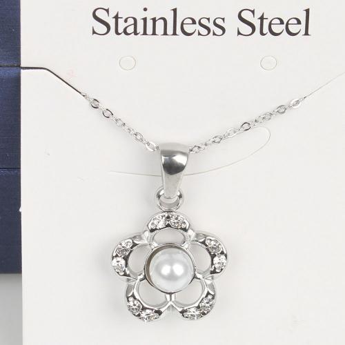 Titanium Steel Necklace, with Plastic Pearl, with 5cm extender chain, Flower, fashion jewelry & Unisex & with rhinestone & hollow, white, nickel, lead & cadmium free, 18.60x15.20x6.70mm, Length:Approx 45 cm, 5PCs/Bag, Sold By Bag